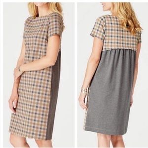 J. JILL Shift Dress Plaid Mixed Media Layered Shirttail Short Sleeve Small